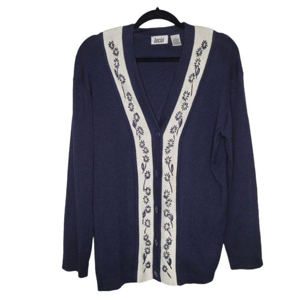 Lucia womens Medium Cardigan Sweater Navy White Floral Embroidered Button Up